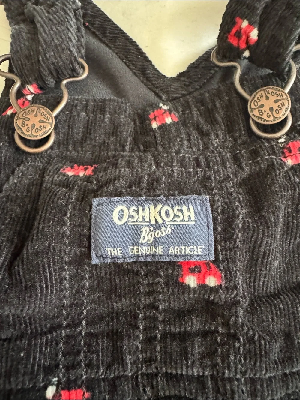 OshKosh B'gosh Black Corduroy Overalls with Red Train Embroidery